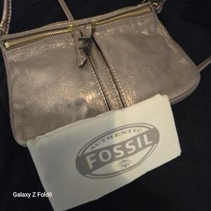 Fossil Metallic Bronze Genuine Leather Crossbody Bag Gold Hardware Double Zipper